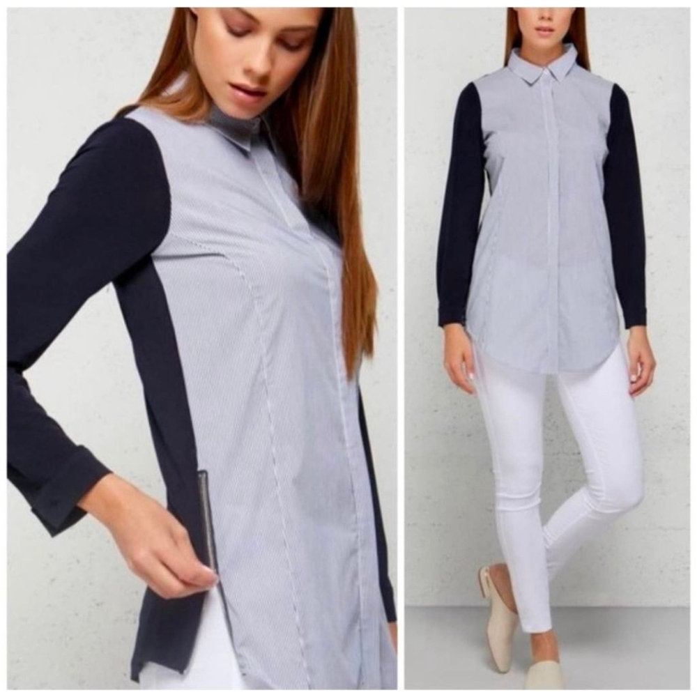 Anatomie Francine Stretch-Back Shirt Women’s Size S Button Front Stripe Side Zip